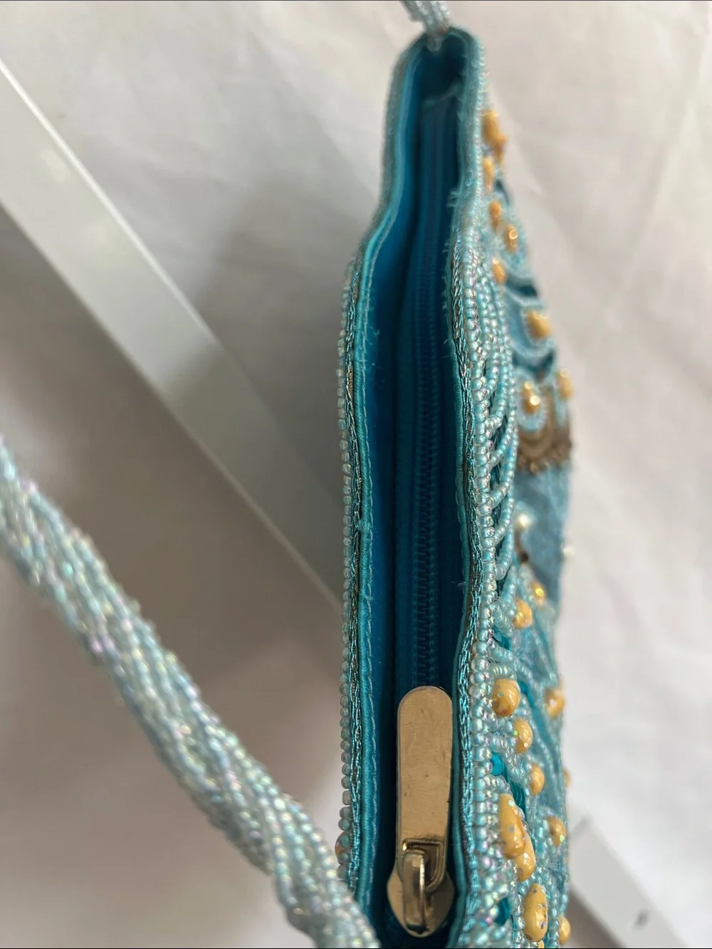 Embellished Vintage Turquoise Sequin Shoulder Bag Peacock Design Beaded Strap